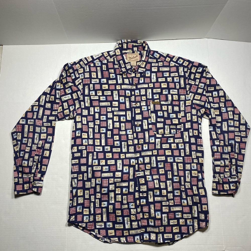Woolrich Men's Fly Fishing Pattern Blue Long Sleeve Button Shirt
